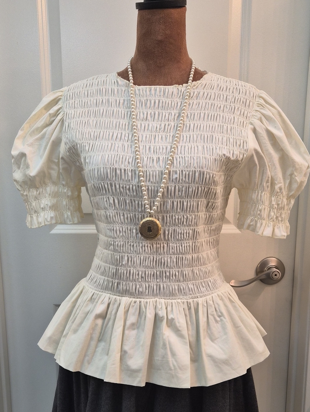 Wayf Ivory Smocked Peplum Puff Sleeve Blouse